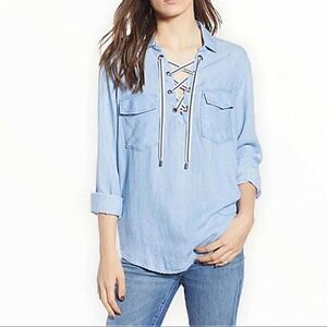 Rails Mateo Lace Up Long Sleeve Pocket Blouse in Light Denim Lyocell Chambray